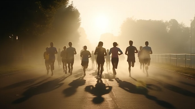 Foto la gente corre una maratón a través de la niebla ia generativa