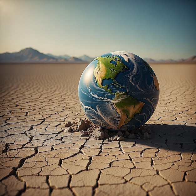 Foto un globo en el desierto con un mapa del mundo en la parte inferior