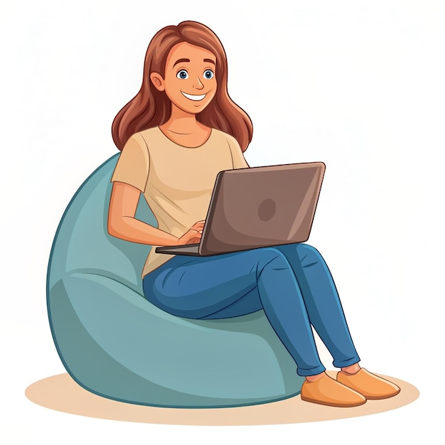 Foto glückliche frau sitzt mit laptop auf einem beensackstuhl. arbeit von zu hause. handgezeichnete cartoon-kunstillustration.
