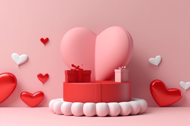 Foto glücklicher valentinstag podium oder geburtstagsdekoration mit rotem herz geschenkeschachtel rosa kuchen oder ballons