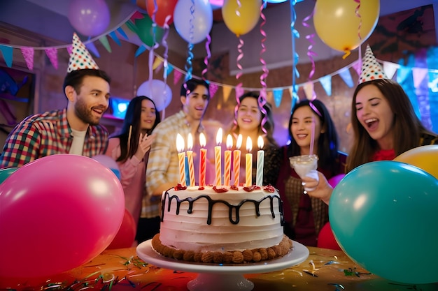 Foto un grupo de personas se reúnen alrededor de un pastel con el número 5 en él