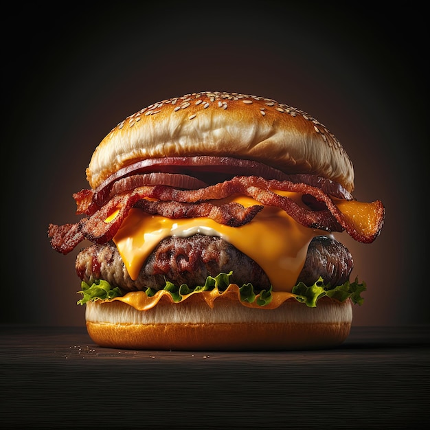 Foto hambúrguer de queijo de bacon perfeito com cebola de tomate de carne e folhas de alface fresca fundo escuro ai