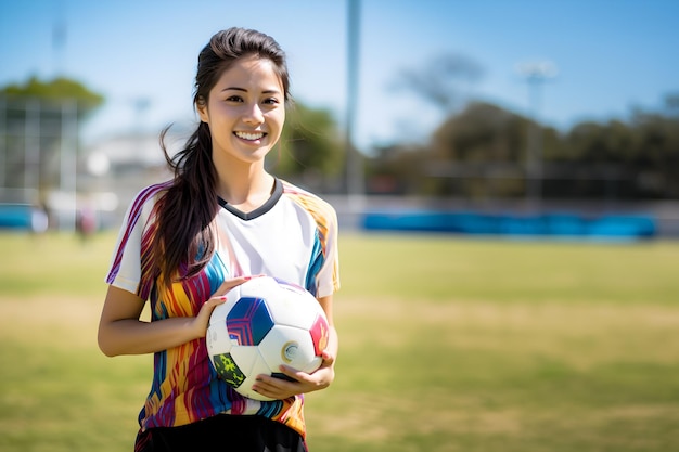 Foto hermosa jugadora de fútbol sostiene una pelota en el campo de práctica de fútbol durante el día