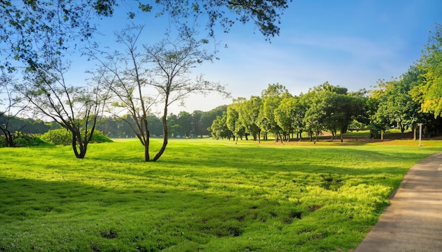 Foto hermoso paisaje en el parque con árboles y campos de hierba verde en la mañana
