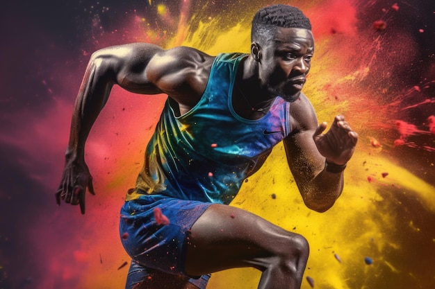 Heroica foto colorida de doble exposición de un corredor africano bien entrenado corriendo rápido