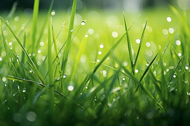 Foto hierba verde fresca con gotas de rocío de cerca fondo natural