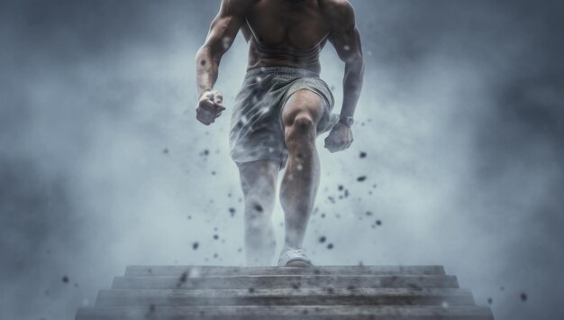 Foto hombre entrenamiento por las escaleras corredor atlético en acondicionamiento físico al aire libre estilo de vida activo resistencia y motivación salud vitalidad deportiva y éxito en el campeonato de carrera