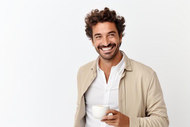 Foto homem feliz com uma xícara de café em fundo branco
