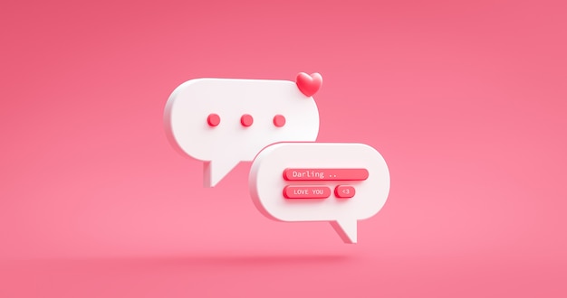 Foto icono de mensaje de amor y notificación de chat de citas sociales en línea de corazón rosa sobre fondo romántico de san valentín feliz con símbolo de relación de cita de saludo. representación 3d.
