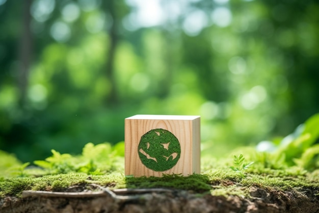 Foto icono del medio ambiente en un bloque de madera en el fondo de la naturaleza verde salvar la tierra el planeta limpio