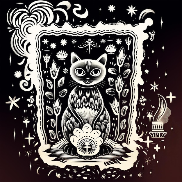 Foto illustration einer katze, die in einem rahmen mit einer blume und einer kerze sitzt