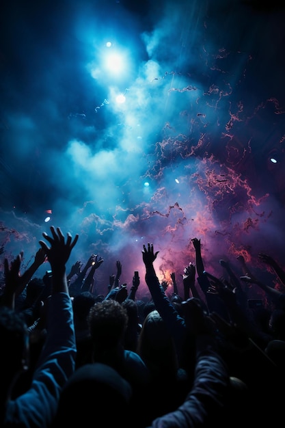 Foto la iluminación del escenario brilla desde la parte superior, muchas personas sostienen el flash de su teléfono móvil bailando en b
