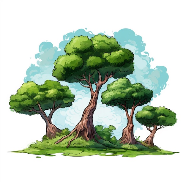 Foto ilustração de desenho animado de um grupo de árvores em uma área de grama generativa ai