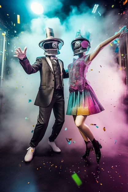 Ilustração de IA generativa de dois robôs semi-humanos de inteligência artificial de homem e mulher apaixonados vestidos na última moda com chapéu dançando em uma boate da moda