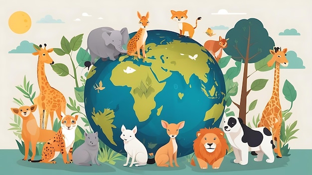 Foto ilustração plana do dia mundial dos animais tipografia 3d