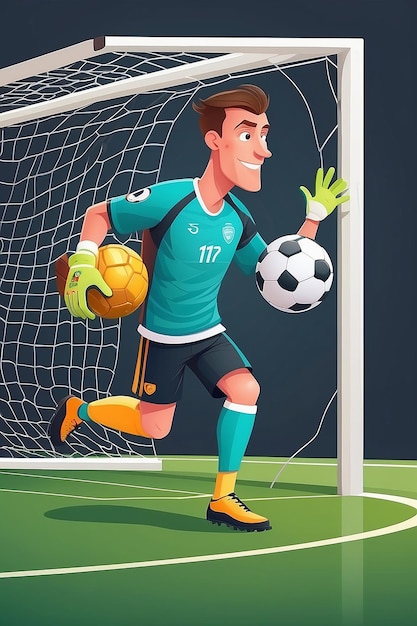 Foto ilustración vectorial de un portero que quiere atrapar la pelota en la portería