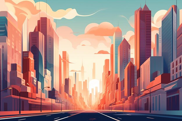 Foto ilustración de una calle de la ciudad con edificios altos y un ai generativo de la línea del cielo