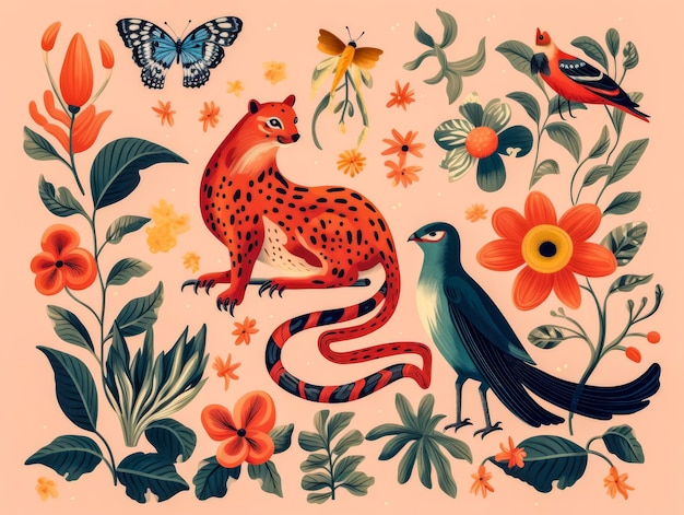 Foto ilustración colorida de la flora y la fauna
