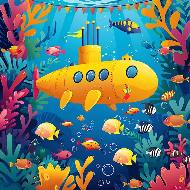 Foto una ilustración de dibujos animados de un submarino amarillo con las palabras snorkel en la parte inferior