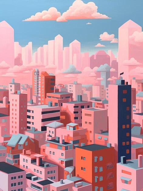 Foto una ilustración digital de un paisaje urbano con edificios y una ciudad en el fondo.