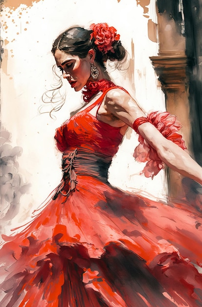 Foto ilustración generativa de ia de mujer joven bailando flamenco