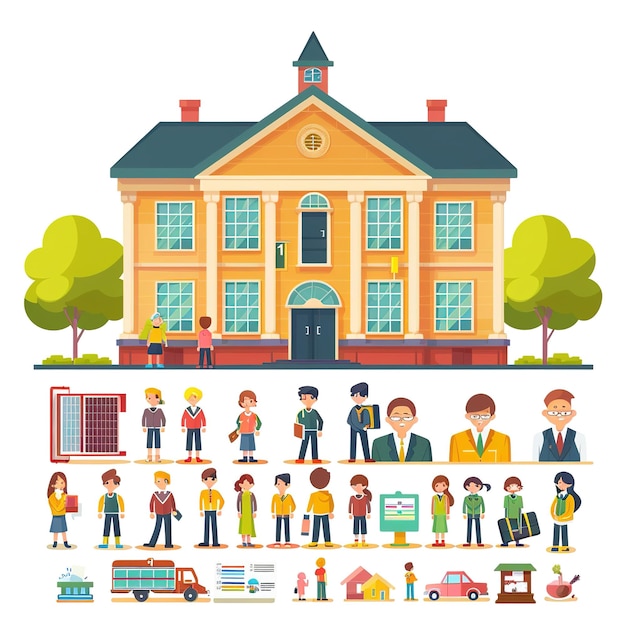 Foto una ilustración gráfica corporativa plana de un edificio escolar y un conjunto de iconos de personas un icono