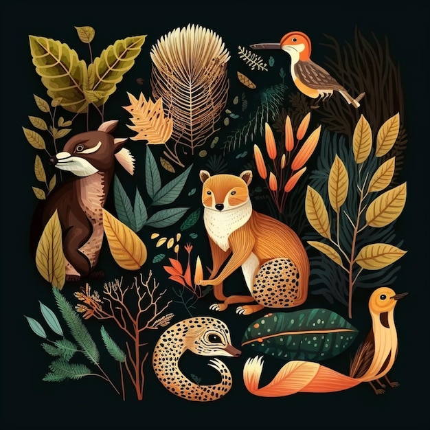 Foto ilustración de un grupo de animales y plantas en un bosque generativo ai