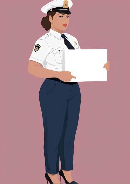 Foto ilustración minimalista de una mujer oficial de policía sosteniendo un papel en blanco