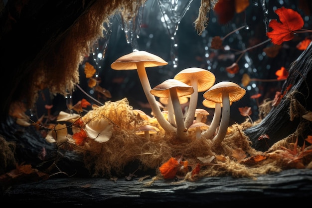 Una imagen de un grupo de hongos sentados en la parte superior de una pila de heno Esta imagen se puede utilizar para representar la agricultura de hongos de la naturaleza o la agricultura orgánica