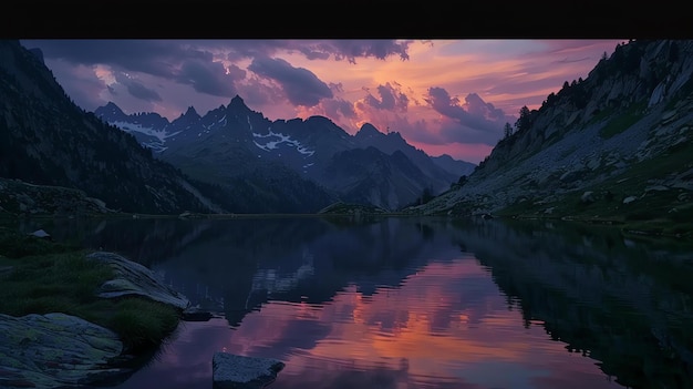 Foto la imagen es un hermoso paisaje de un lago de montaña al atardecer el cielo es de un naranja profundo y las montañas son de un azul oscuro