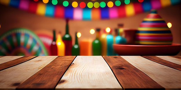 Foto imagen de la mesa de madera en el frente y fondo abstracto borroso brillante cinco de mayo ai generativo
