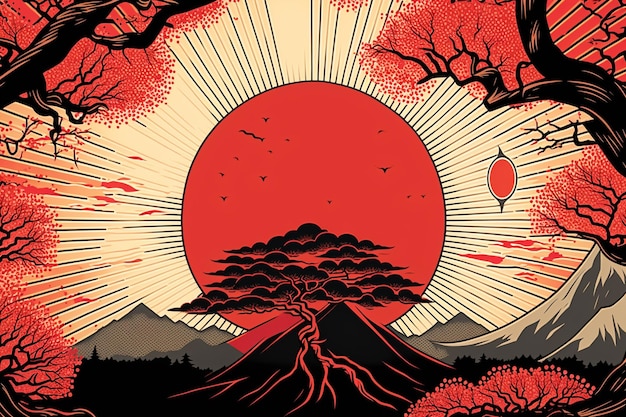 Foto impresiones artísticas de paisajes ukiyoe japoneses ai generation montañas nubes y árboles con sol rojo