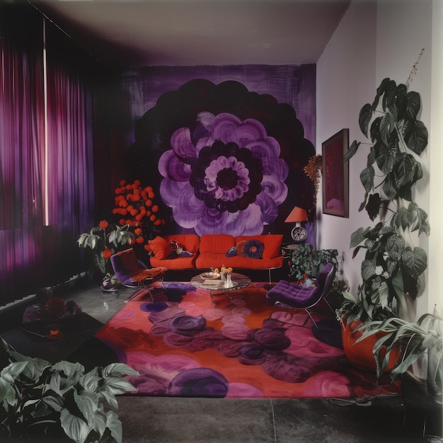 Foto interior de uma sala de estar moderna com um sofá vermelho e uma flor