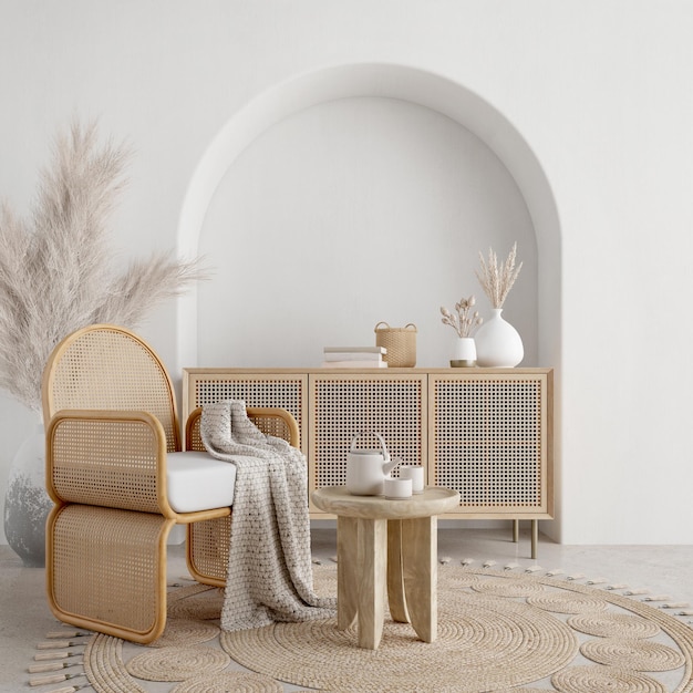 Interior de estilo Boho com mesa de cadeira de madeira e fundo de parede branca