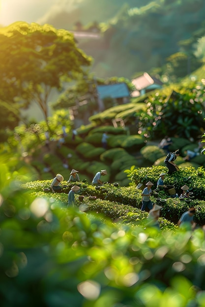 Foto jardim de chá macro pequena pessoa colhendo chá no campo de chá de primavera