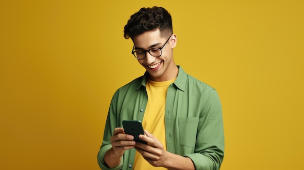 Foto jovem sorridente usando um telefone celular em um fundo amarelo