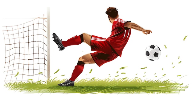Foto un joven jugador de fútbol en un uniforme rojo está pateando la pelota en la red él lleva zapatillas negras y la red es blanca