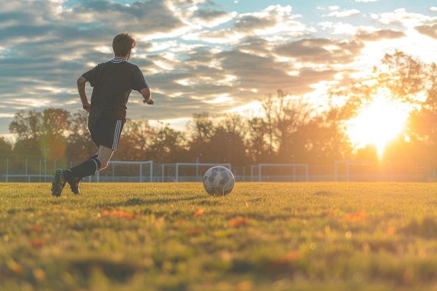 Foto un joven pateando vigorosamente una pelota de fútbol en un campo de hierba bajo un cielo despejado un jugador de fútbol practicando ejercicios en un campo vacío generado por ia