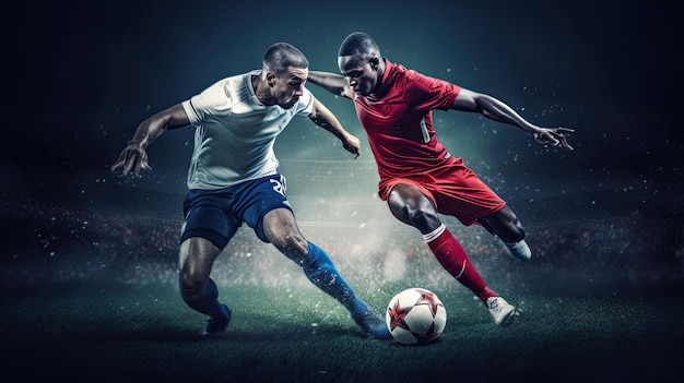 Foto jugador de fútbol en juego blanco con jugador de fútbol rojo en acción