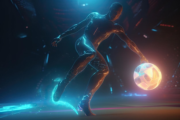 Foto un jugador de fútbol robot futurista que juega con un balón de fútbol brillante ia generativa