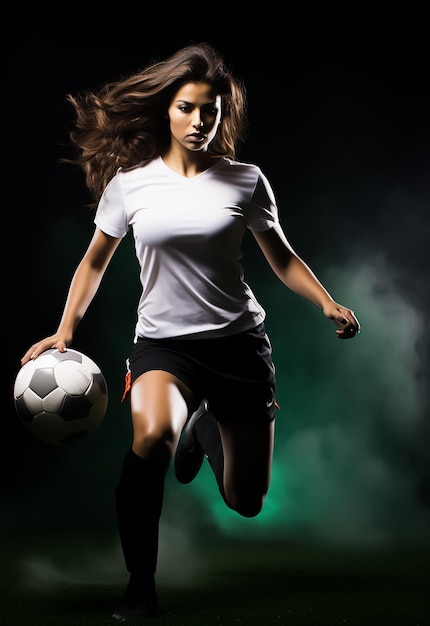 Foto jugadora atlética de fútbol en ropa deportiva, tiro en estudio con forma de cuerpo caliente