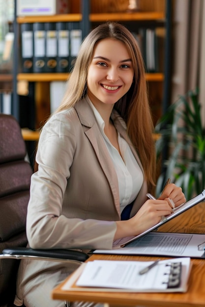 Lächelnde professionelle Geschäftsfrau in ihrem Geschäftsbüro im isolierten Hintergrund