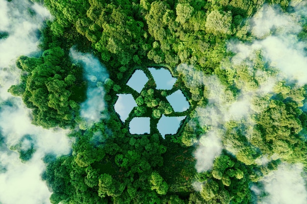 Foto un lago en forma de letrero de reciclaje en medio de la naturaleza virgen. una metáfora ecológica para la gestión de residuos ecológicos y un estilo de vida económico y sostenible. representación 3d.