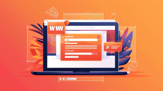 Foto laptop com janela de navegador da web em fundo laranja ilustração vetorial