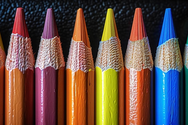 Foto lápiz de colores en fila sobre un fondo de cuero negro