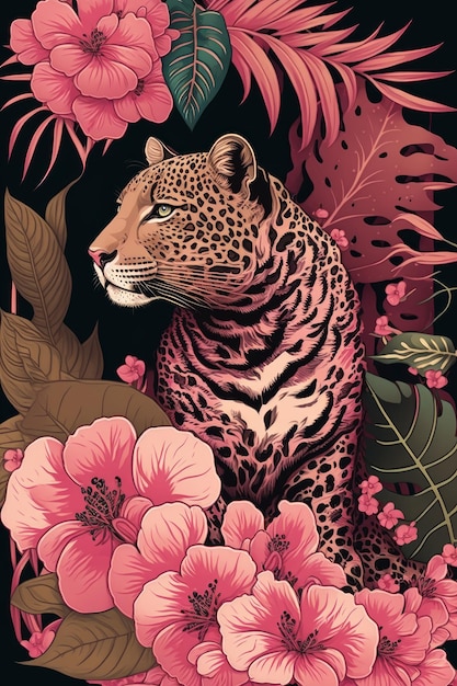 Foto leopardo y flores tropicales ilustración de ai generativa dibujada a mano en estilo vintage