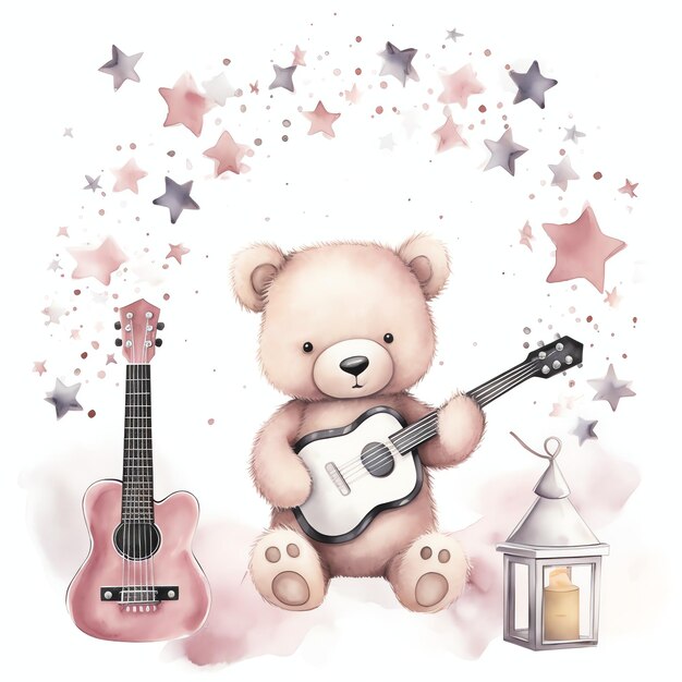 Foto linda ilustração de clipart em aquarela de ursinho de pelúcia baby rockstar teddy