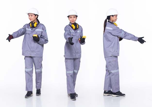 Foto longitud total 30s mujer asiática ingeniero técnico electricista agitando acto de mano
