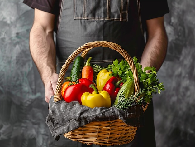 Mann hält einen Korb mit Gemüse