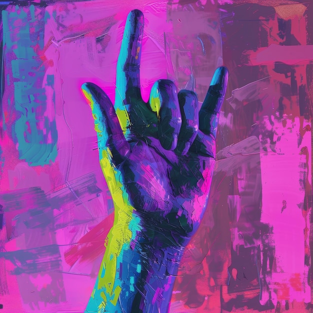 Foto la mano de un hombre pintada en colores fluorescentes sobre un fondo multicolor